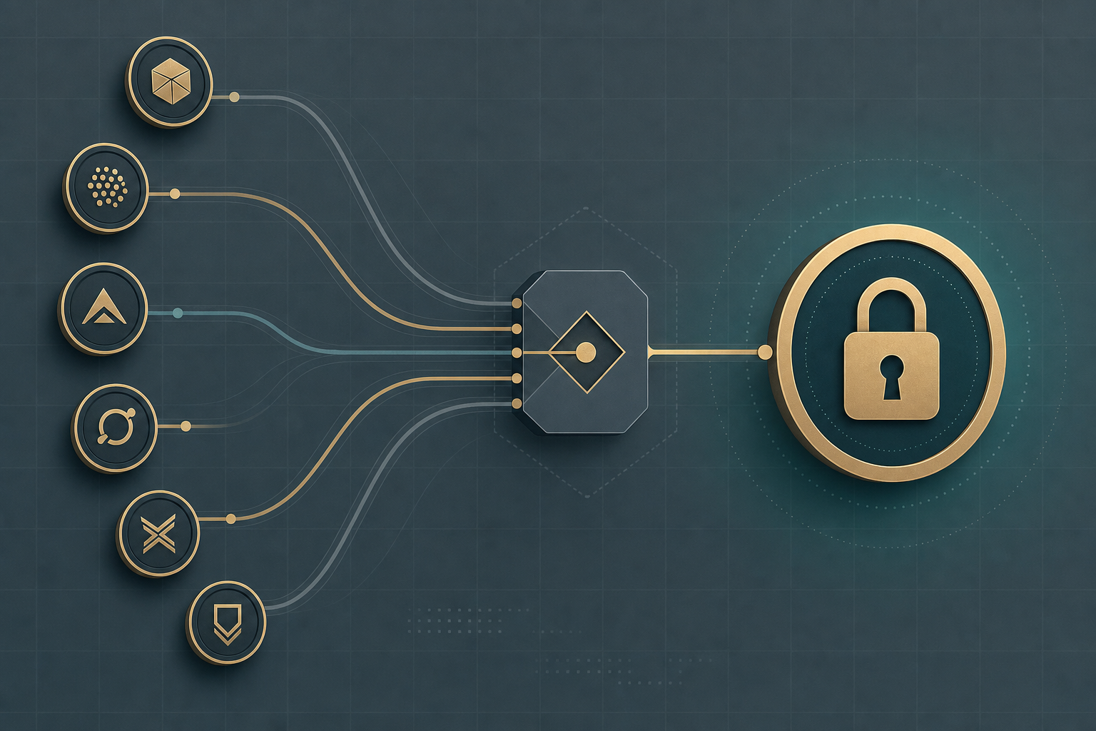 Small privacy coin tokens routed through a geometric hub into a single privacy lock icon, slate and teal palette