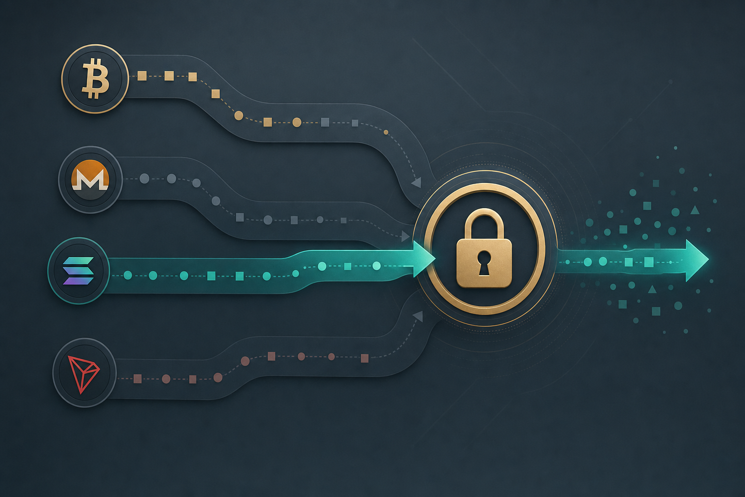 Illustration of multiple crypto token paths converging on a privacy lock, one route highlighted as chosen alternative
