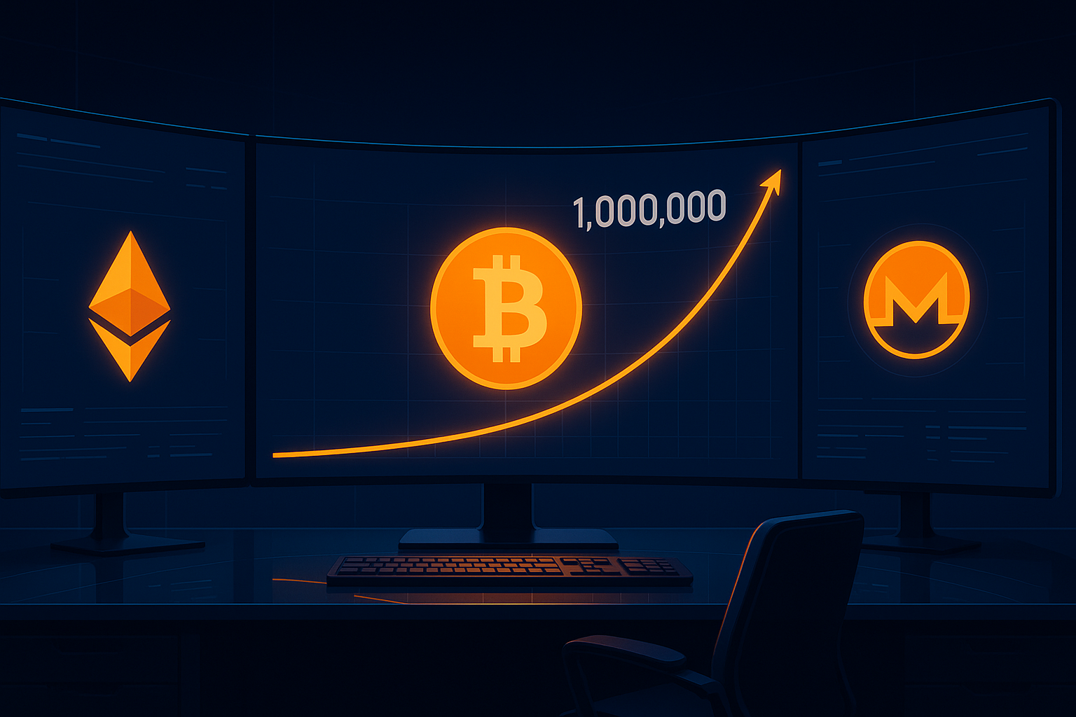 Высокотехнологичный торговый стол с графиком цены биткоина, приближающейся к отметке в 1 000 000 долларов, на сверхшироких криптоэкранах.