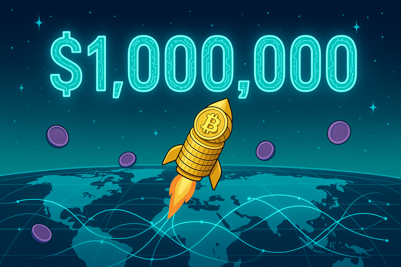 Биткоин-ракета, сделанная из монет, несется к отметке в 1 000 000 долларов в цифровом крипто-небе.