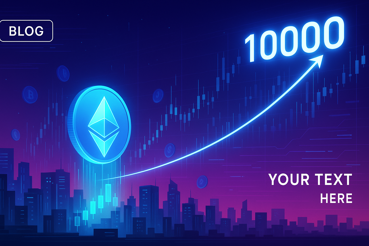 Futuristic neon Ethereum city with crystal coin rising toward $10,000 price target