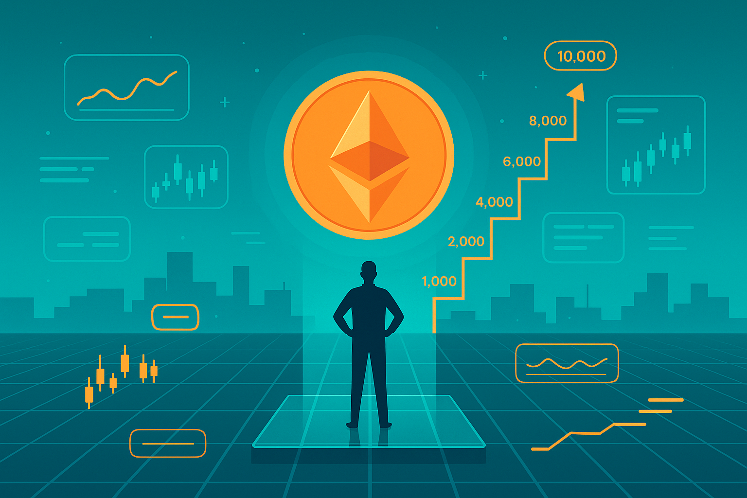 Trader on digital grid platform analyzing Ethereum price path toward 10,000 with futuristic crypto charts