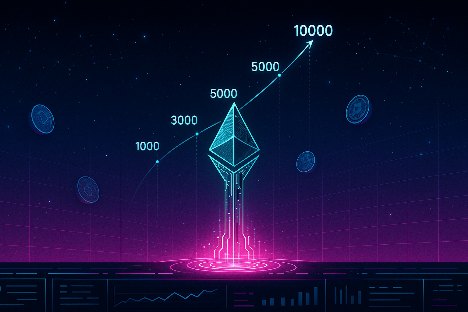 Futuristic crypto rocket launching an Ethereum-style coin toward 10000 price target