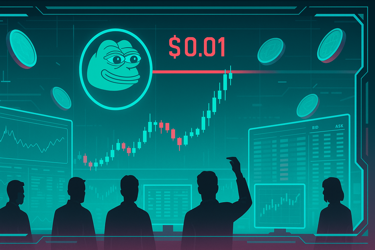 Futuristic crypto trading floor showing Pepe coin chart testing 1 cent resistance
