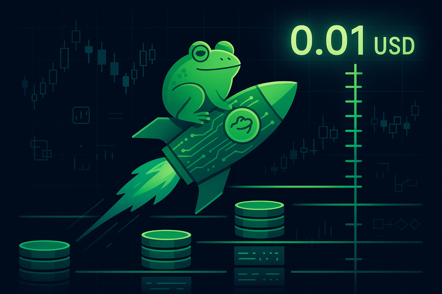 Pepe-style frog coin rocketing toward the 0.01 USD price target on a crypto chart
