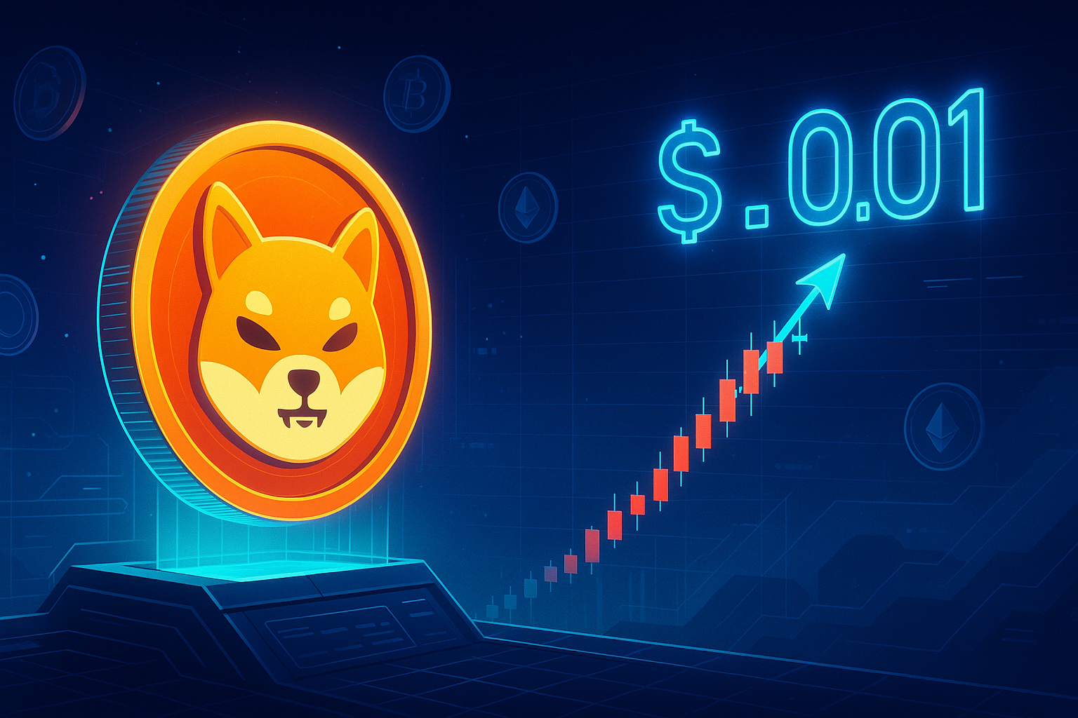Futuristic SHIB coin soaring toward $0.01 with bullish crypto price chart
