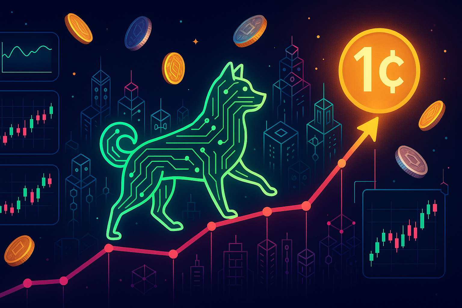 Shiba Inu crypto circuit silhouette on digital chart aiming for 1 cent