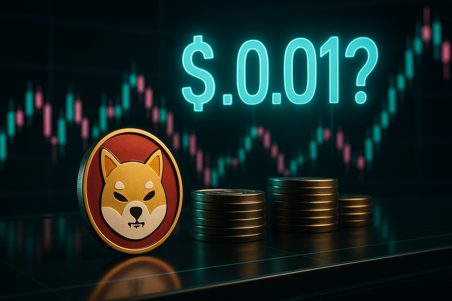 Futuristic SHIB coin on trading desk with $0.01 question and candlestick charts