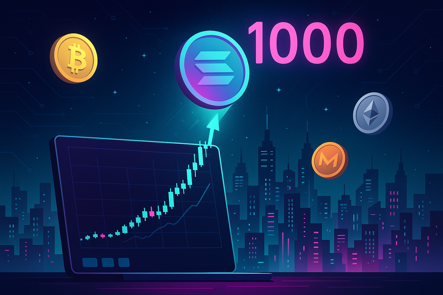 Futuristic Solana-style coin surging toward $1000 amid neon crypto market
