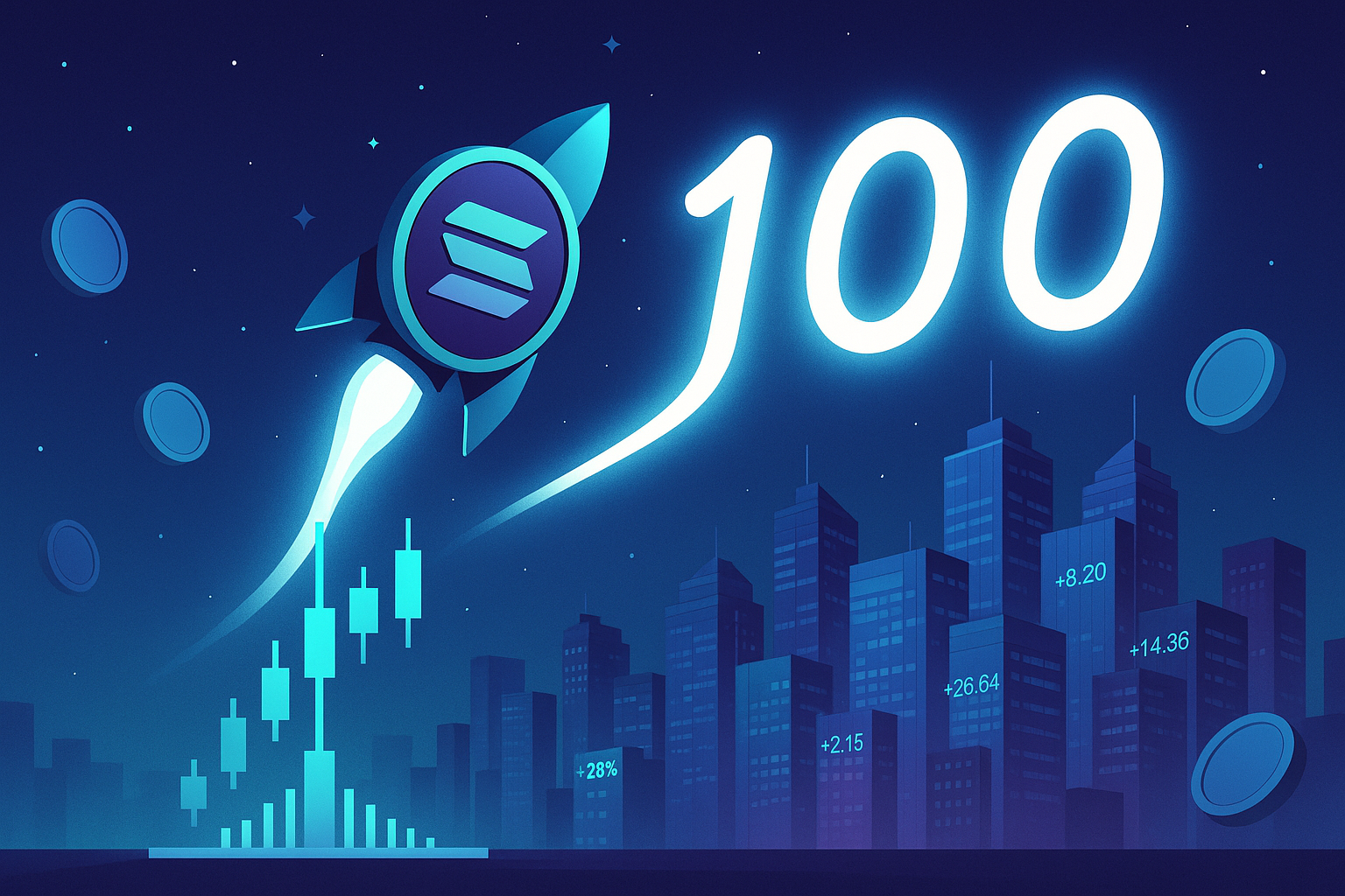 Solana-style rocket coin launching from candlestick chart toward 1000 over crypto city skyline