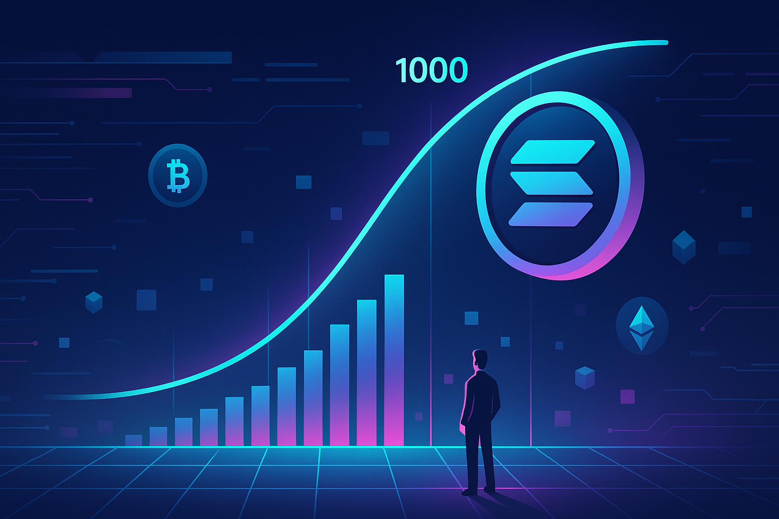 Futuristic trader watching Solana price chart surge toward 1000 in a holographic crypto market scene