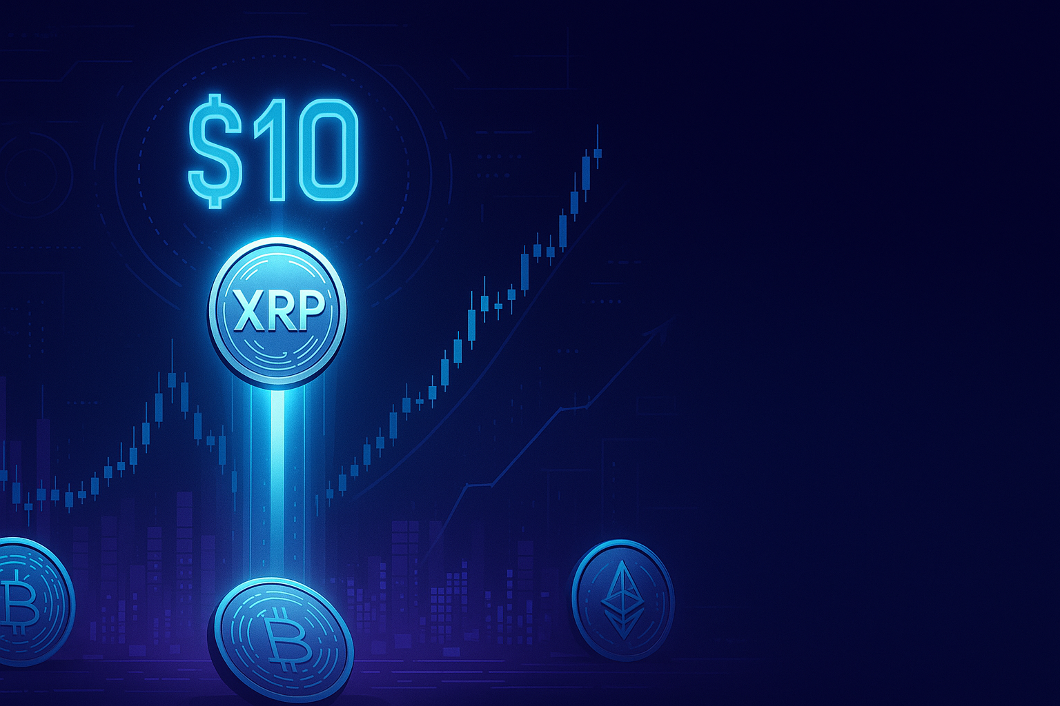 Futuristic XRP crypto coin rising toward $10 with charts and neon skyline