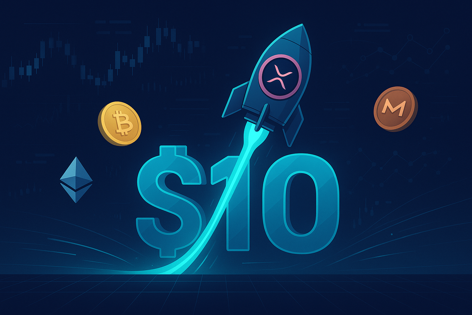 Futuristic XRP rocket coin breaking through a $10 barrier amid other crypto icons