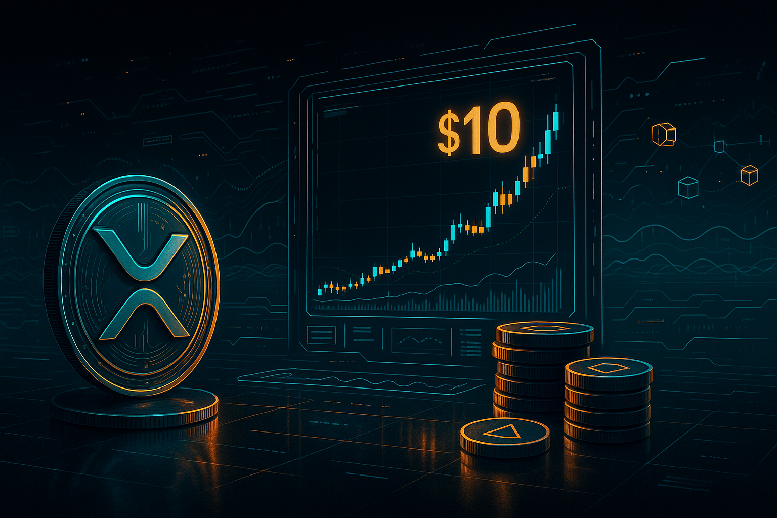 Futuristic XRP coin and neon trading terminal showing price rising toward $10 milestone