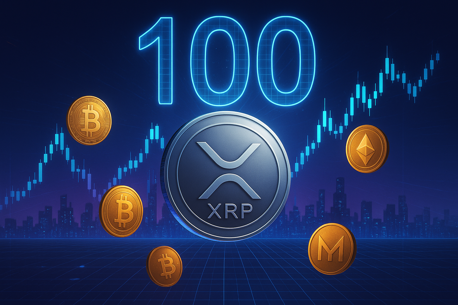 Futuristic XRP coin with holographic 100 target over digital crypto city