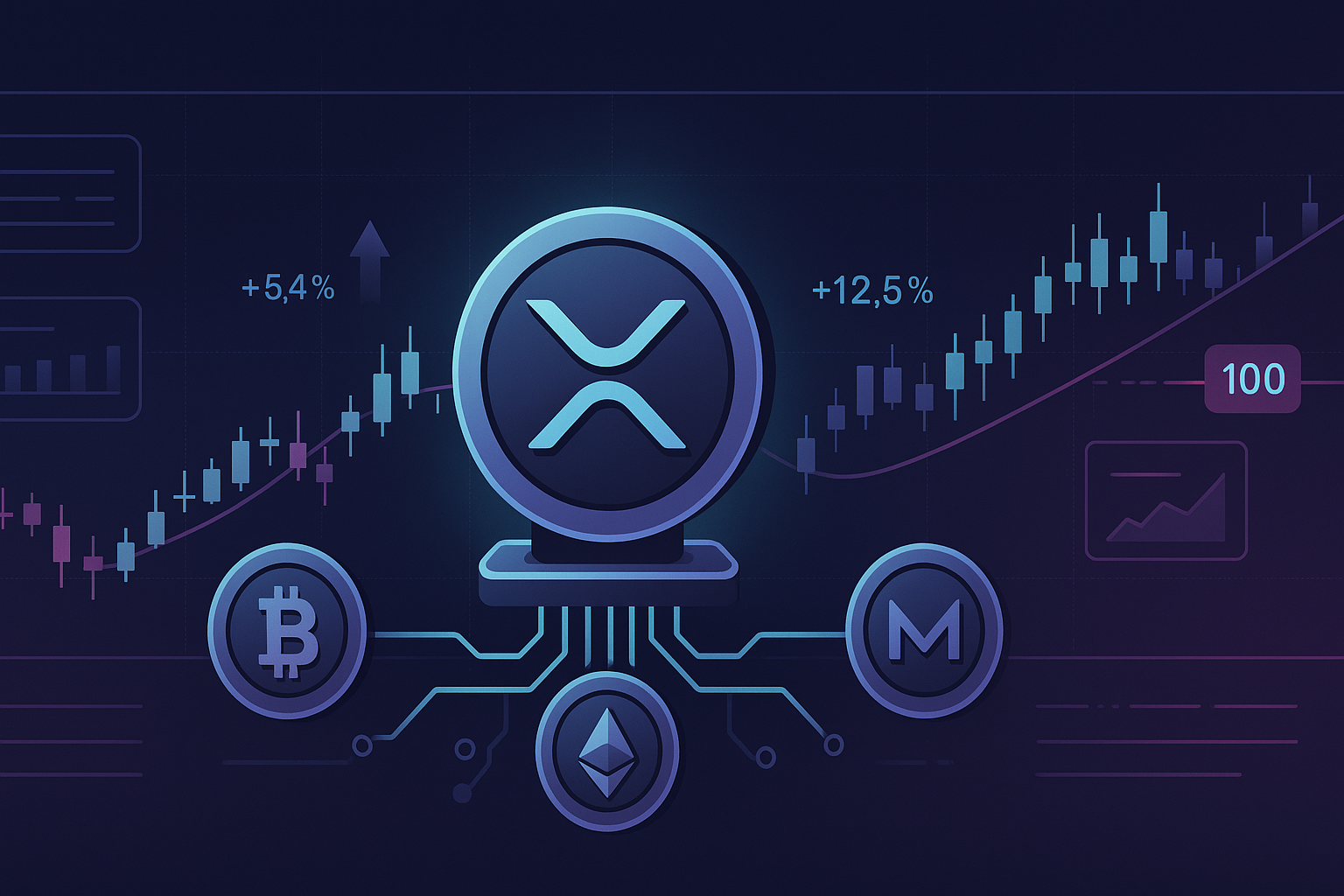 Futuristic XRP price chart illustration with coins and rising metrics toward 100 level