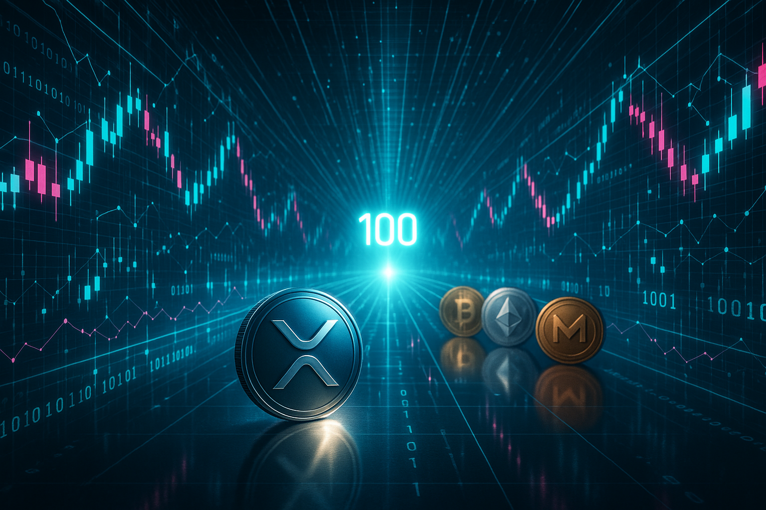 XRP coin in neon crypto tunnel with charts and a glowing 100 target