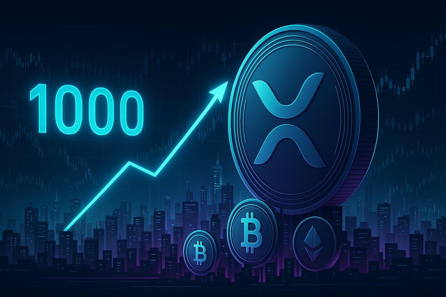 Футуристическая монета в стиле XRP на фоне неонового крипто-города, где цена стремительно приближается к 1000.