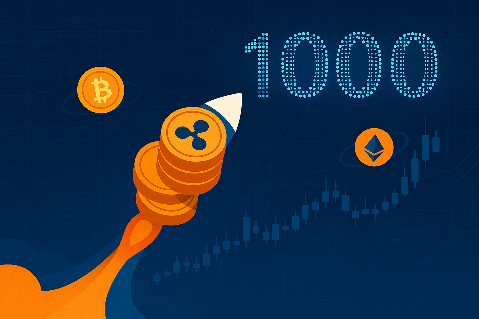 Стилизованная ракета XRP, сделанная из криптовалютных монет, мчится к отметке 1000 на цифровом графике цен.