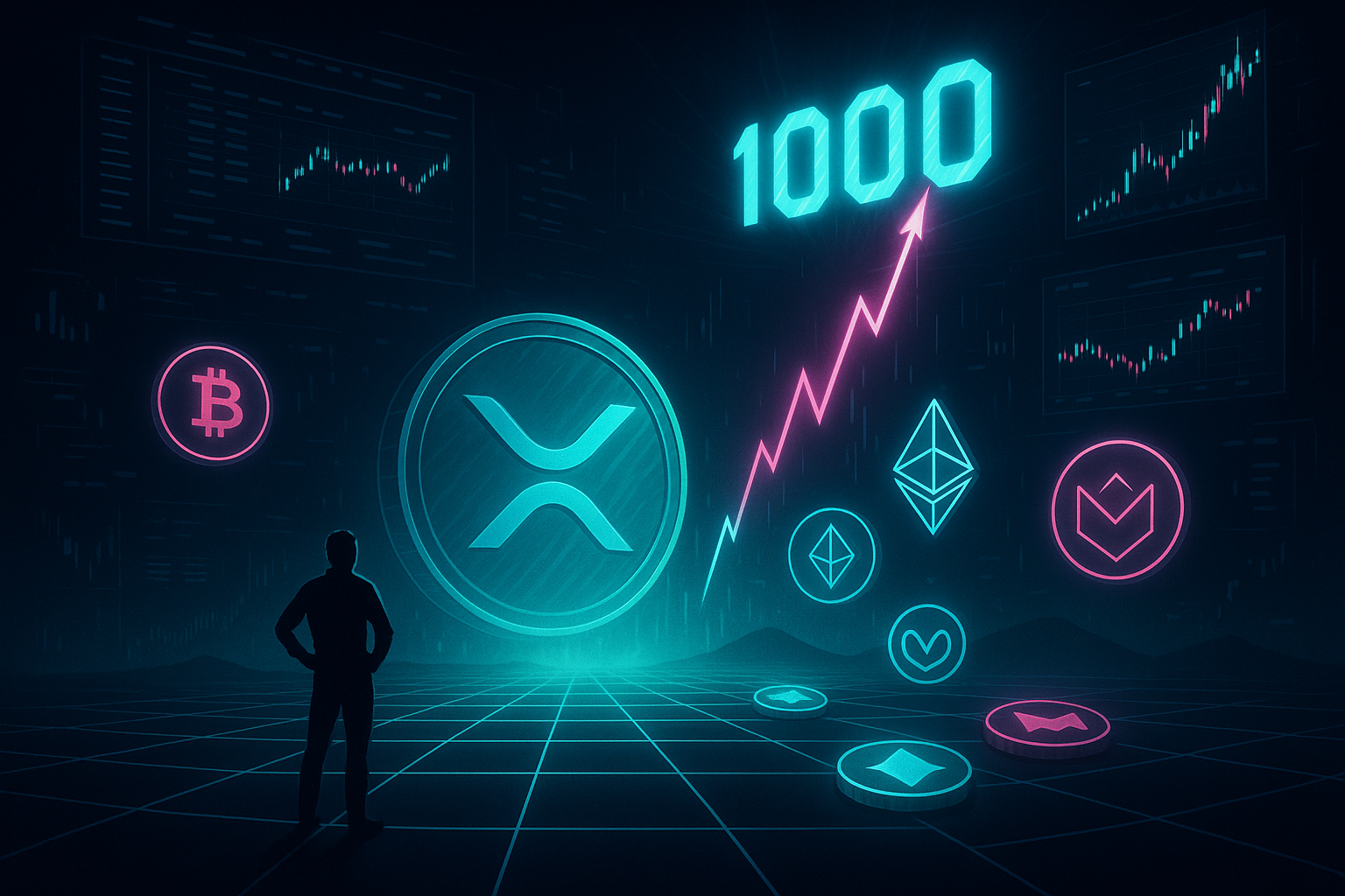 Футуристическая криптовалюта в стиле XRP приближается к отметке 1000 на фоне ярких графиков криптовалютного рынка.