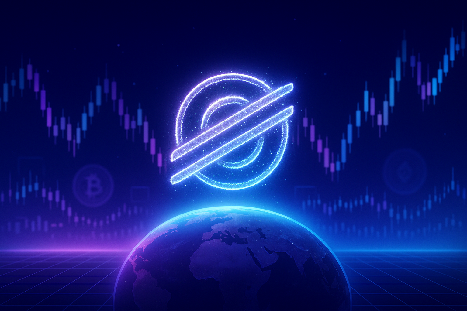 Glowing Stellar-style coin orbiting Earth with neon crypto price charts in a futuristic trading interface