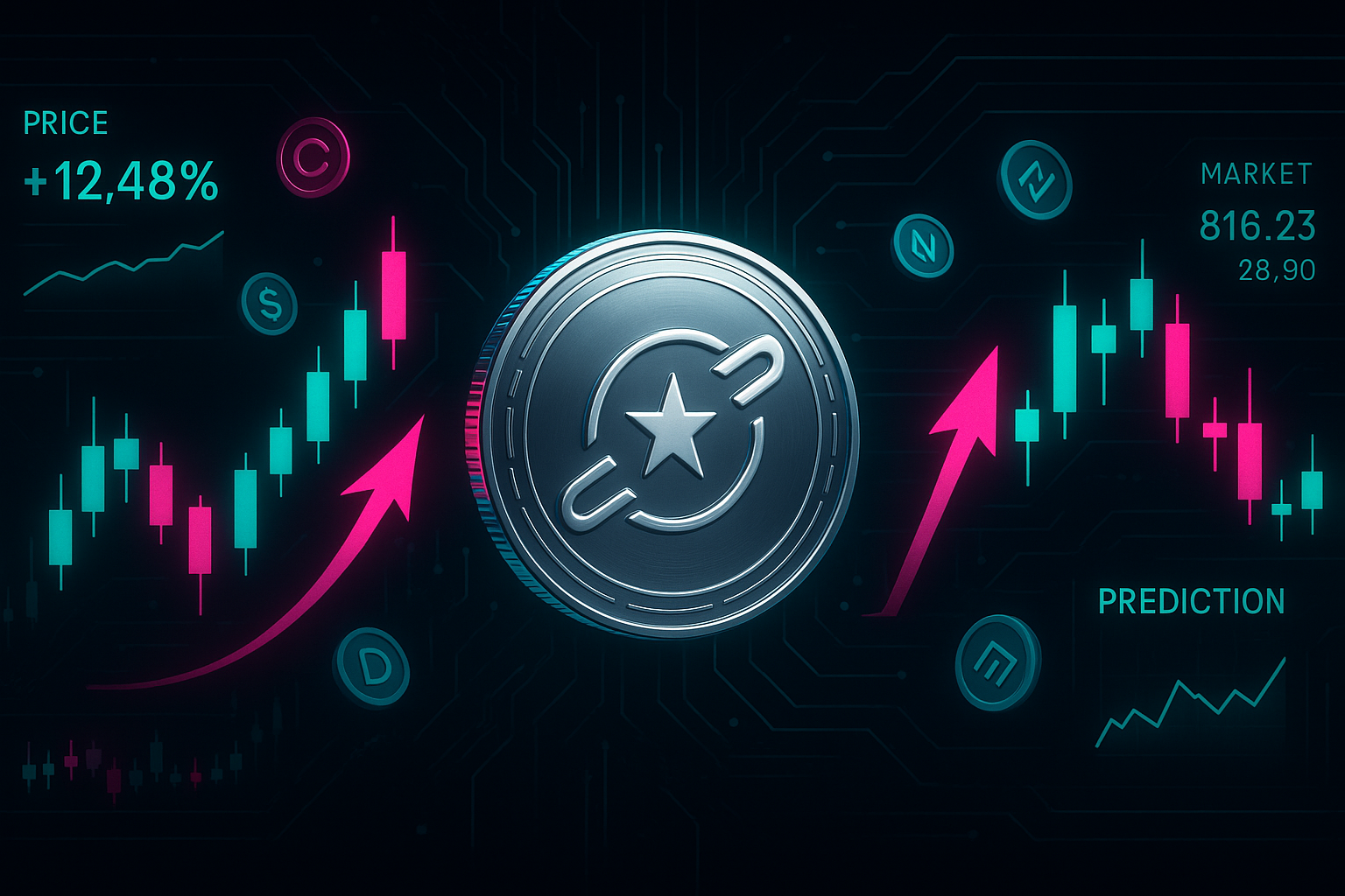 Futuristic XLM trading dashboard with holographic price prediction charts