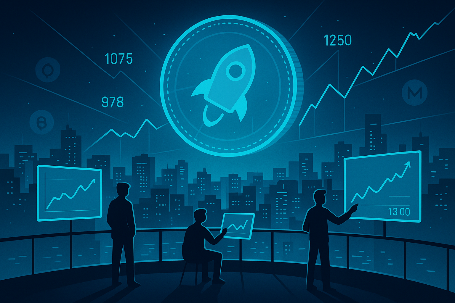 Digital observatory analyzing neon crypto charts with a giant Stellar-style coin and market forecasts