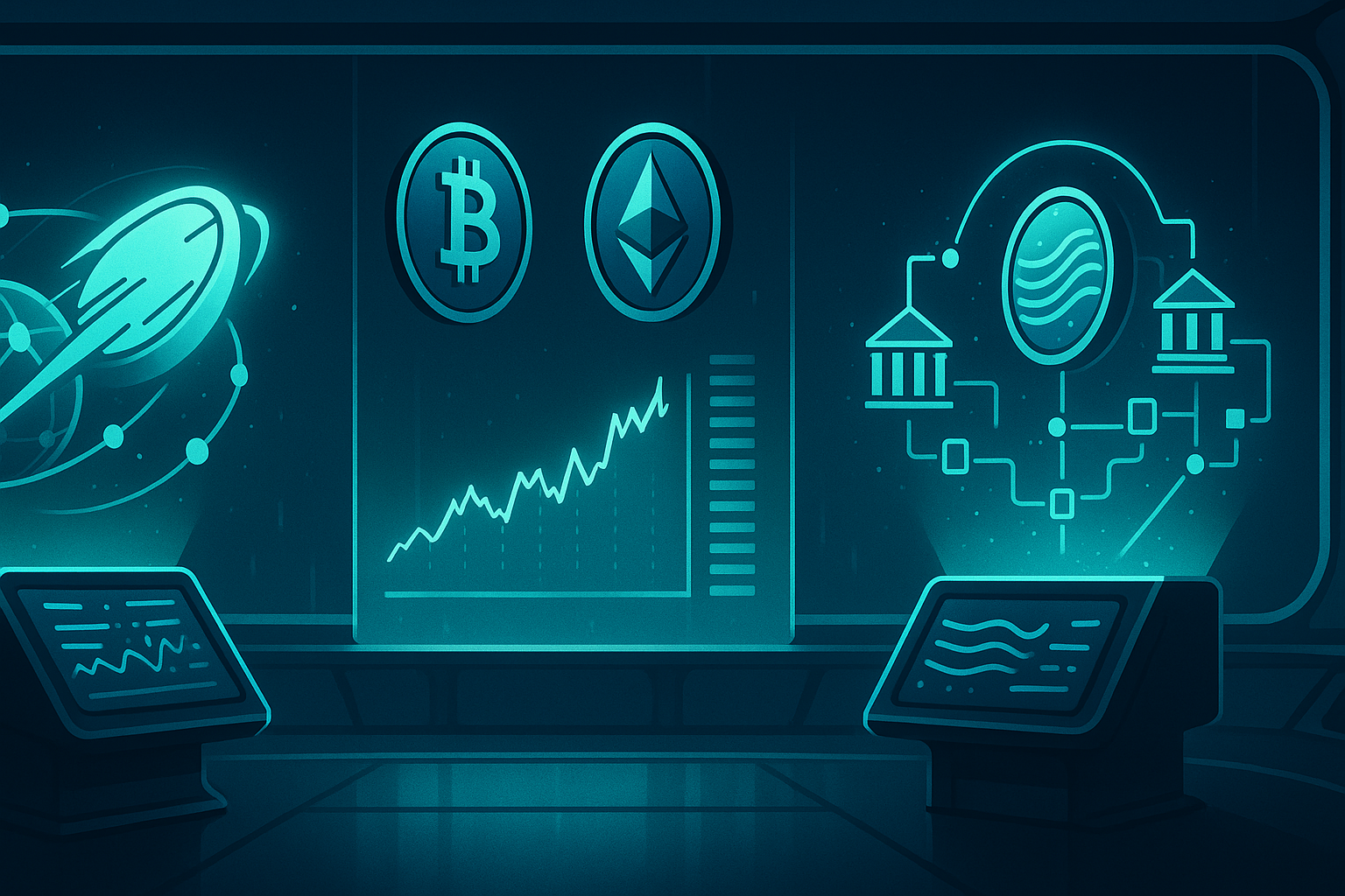 Futuristic control room contrasting XLM-style P2P network with XRP-style banking rails