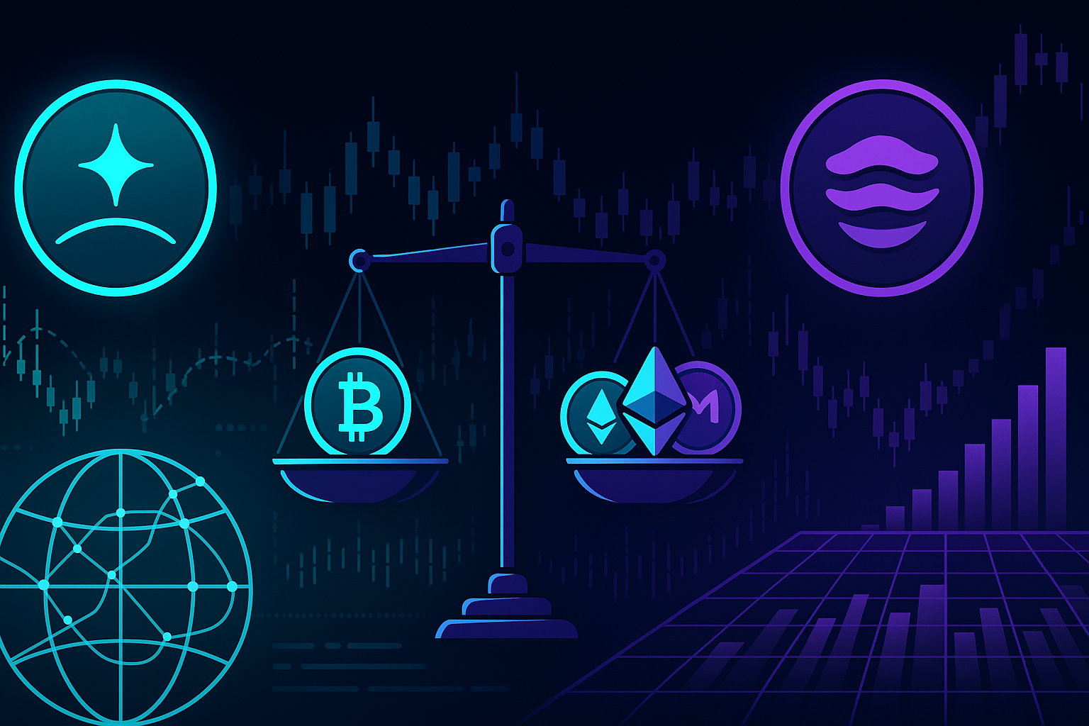 Modern crypto banner comparing two remittance coins with balanced scale and trading charts