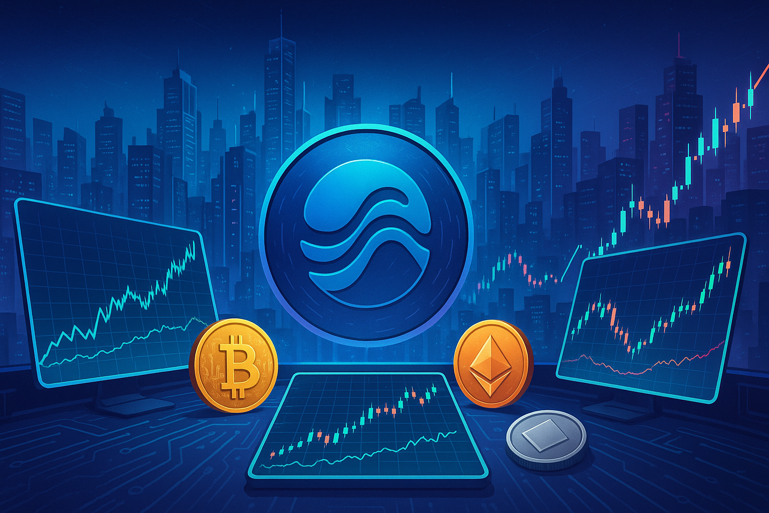 Futuristic crypto trading desk with blue coin and price charts in 2026