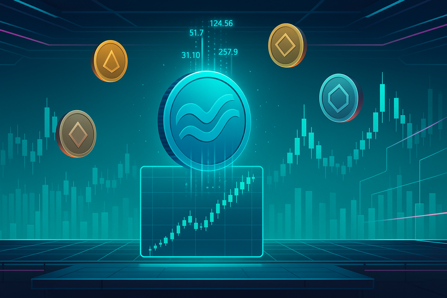 Futuristic crypto banner with hovering coins and charts for XRP 2026 price prediction