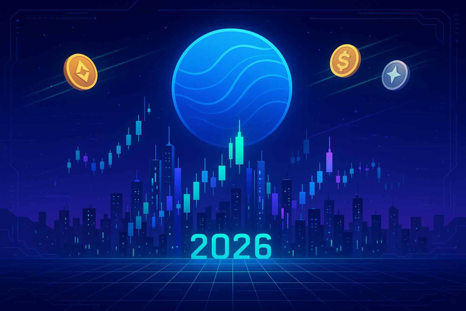 Futuristic crypto skyline with rising coin symbolizing XRP price prediction volatility in 2026