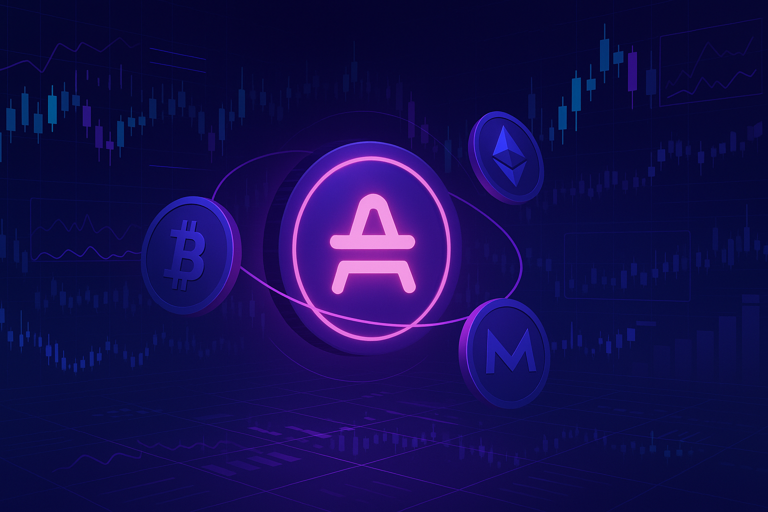 Futuristic AMP crypto trading dashboard with glowing token and dynamic price charts