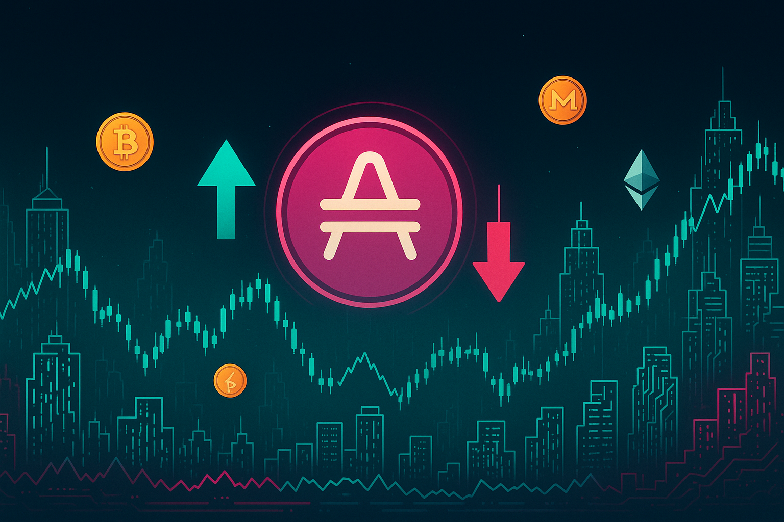 Digital city skyline of holographic charts with AMP token and crypto coins showing price movement
