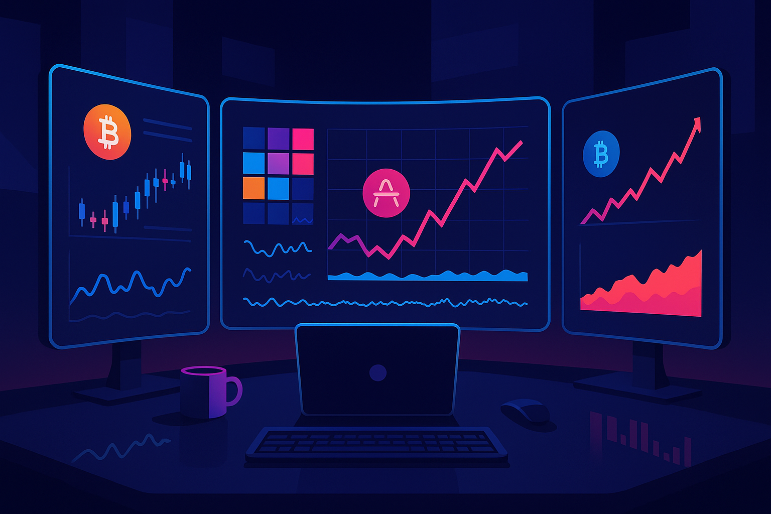 Futuristic analyst workstation showing AMP crypto price prediction charts