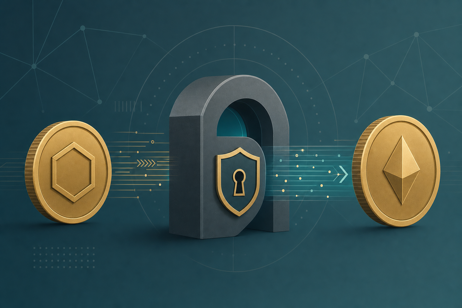 Illustration of a crypto token passing through a privacy lock and emerging as a different token in a no-account swap