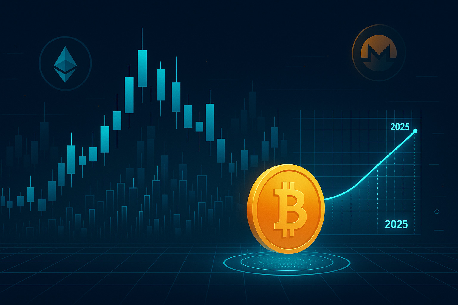 Futuristic crypto city skyline with Bitcoin price projection for 2023–2025