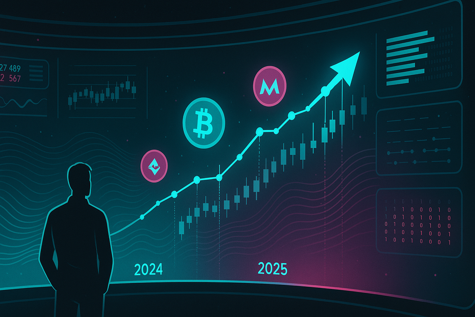 Trader watches futuristic Bitcoin price prediction chart peaking in 2025 on ultra-wide crypto dashboard