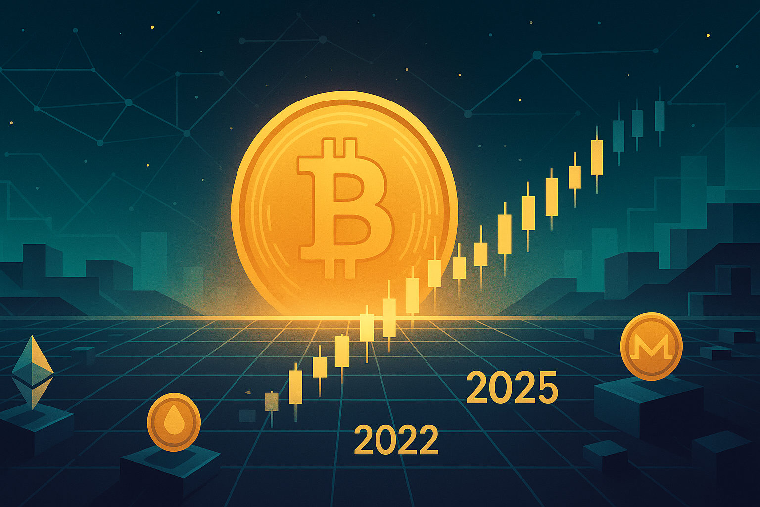 Bitcoin coin rising over digital price chart horizon toward 2025