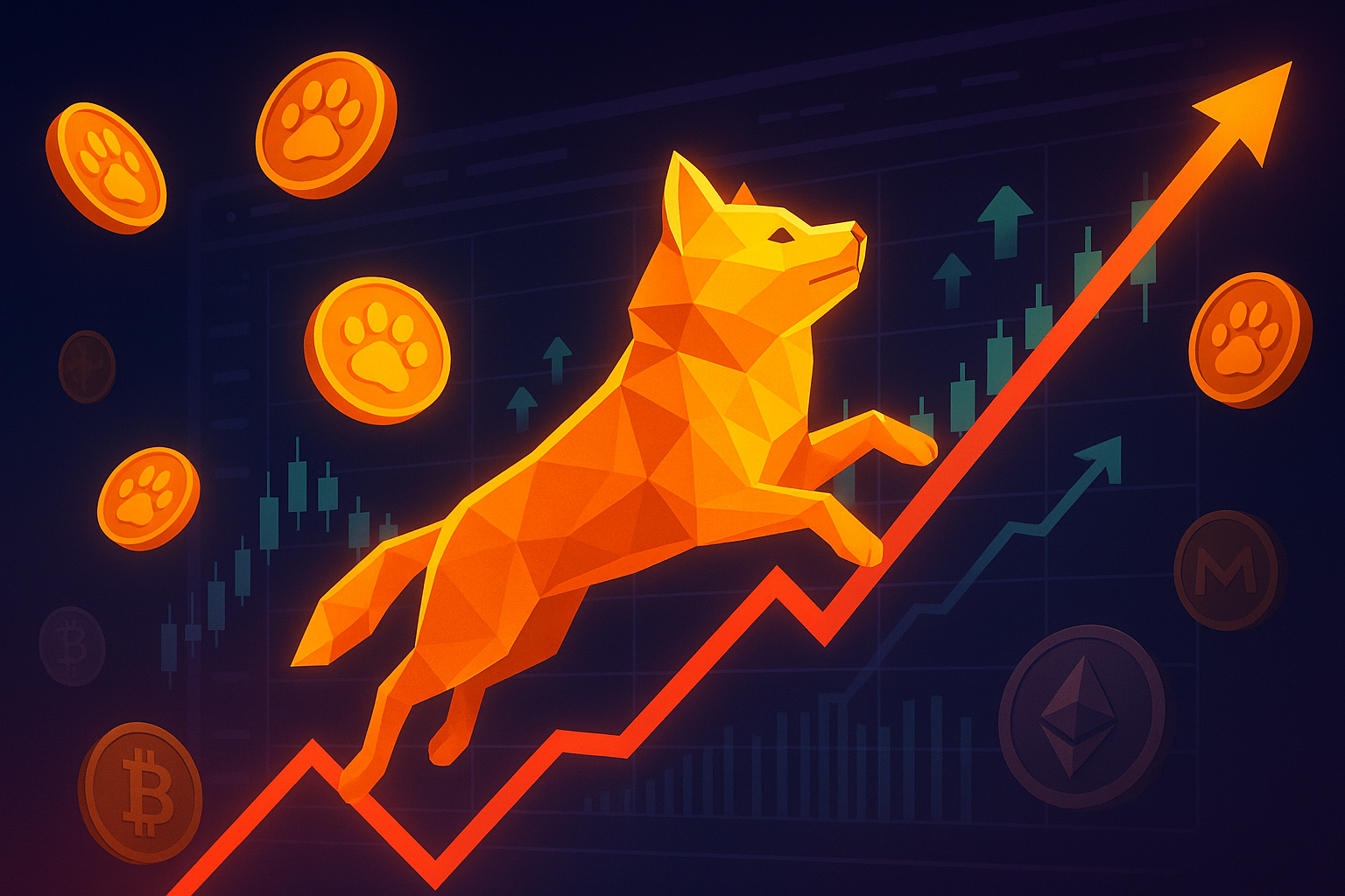 Shiba Inu-style meme coin mascot jumping along a rising neon crypto price chart