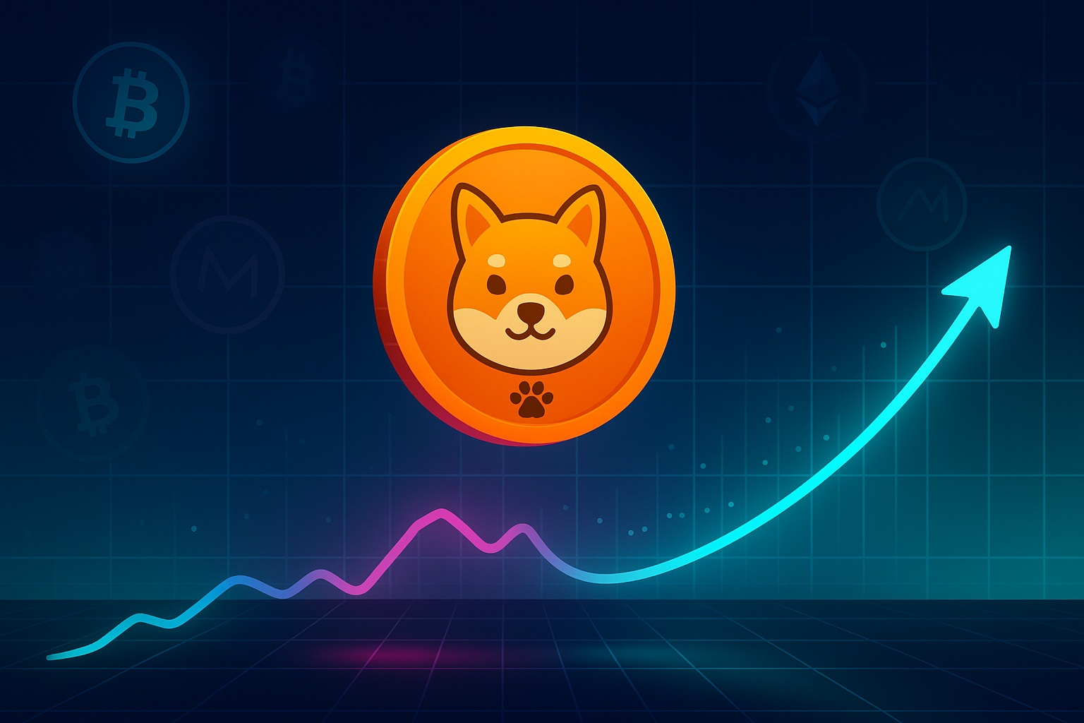 Meme coin trading interface with rising chart and crypto icons