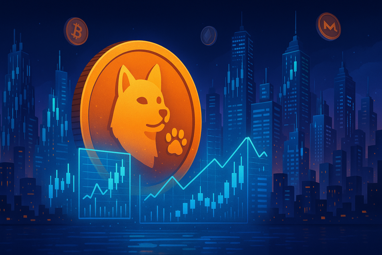 Futuristic crypto city with spinning meme coin and price charts at night