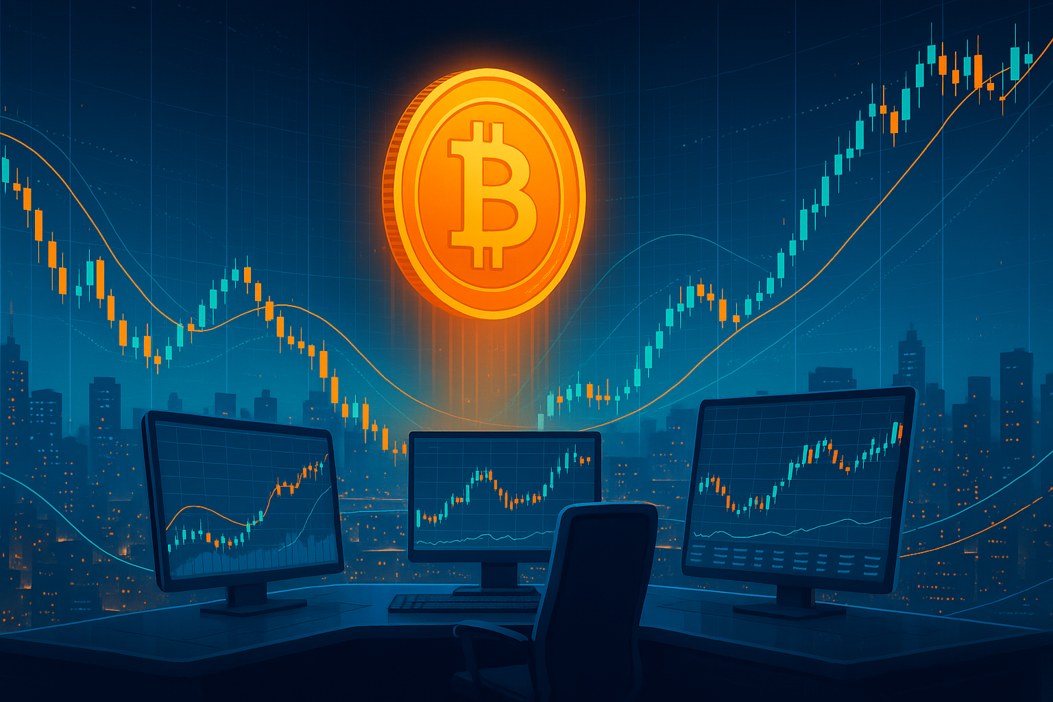 Futuristic crypto trading desk with holographic Bitcoin and BTC price charts at night