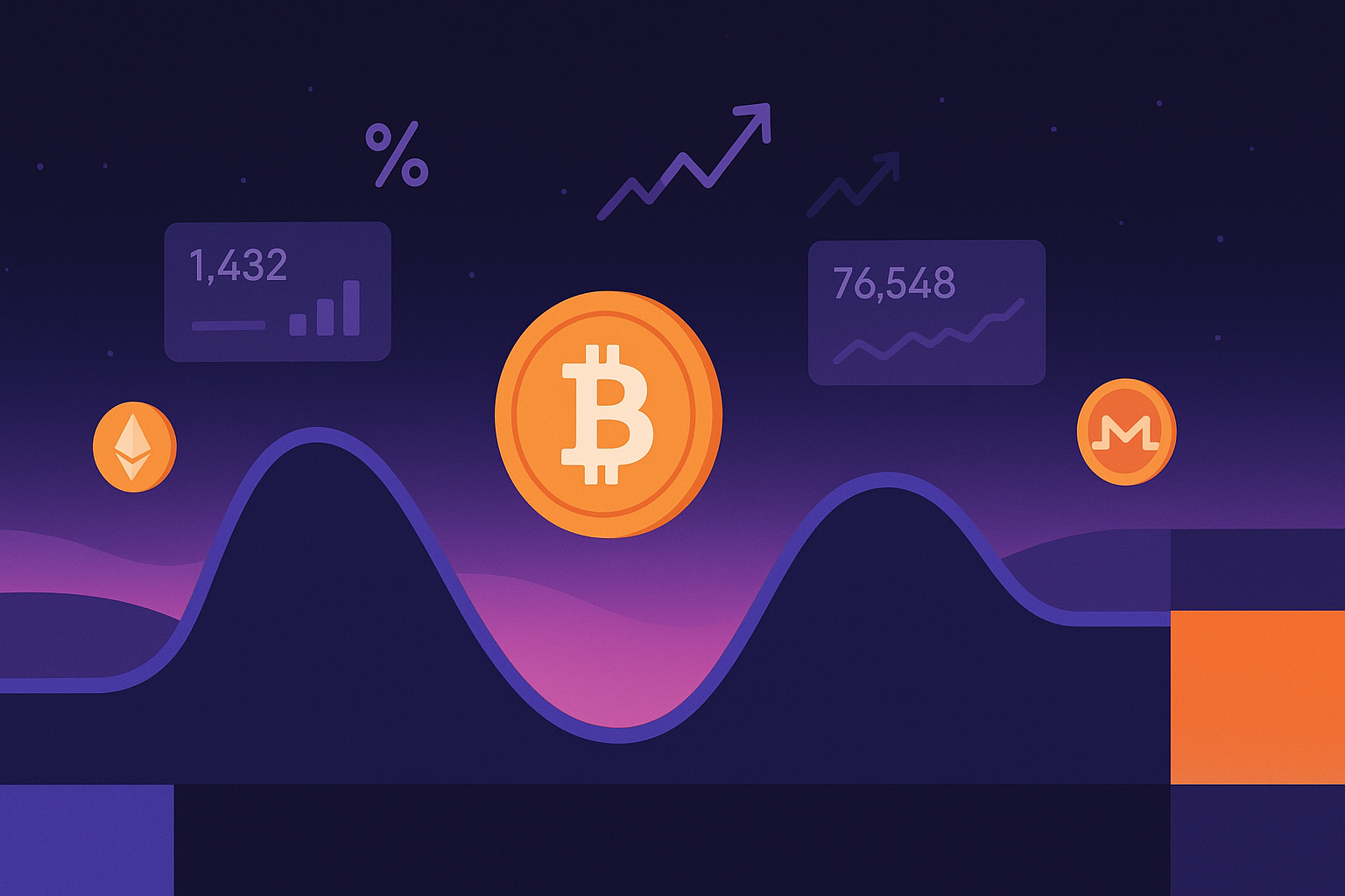 Minimalist crypto chart illustration with Bitcoin, Ethereum and Monero-style coins and BTC price prediction icons