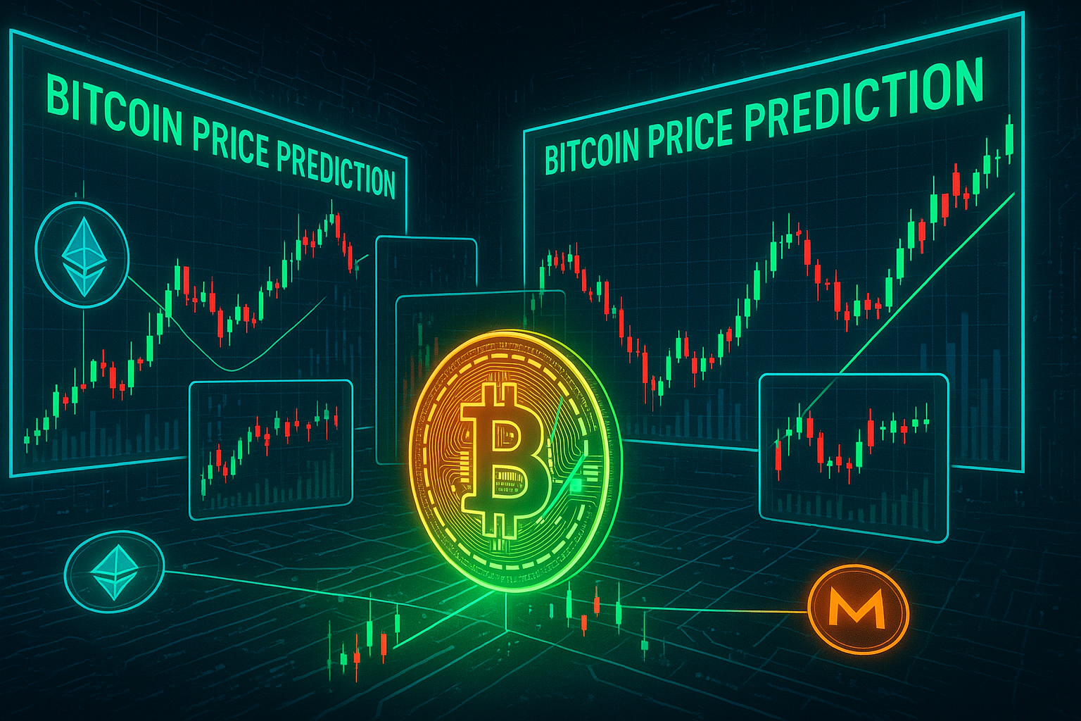 Futuristic crypto trading room with Bitcoin price prediction charts and privacy coins