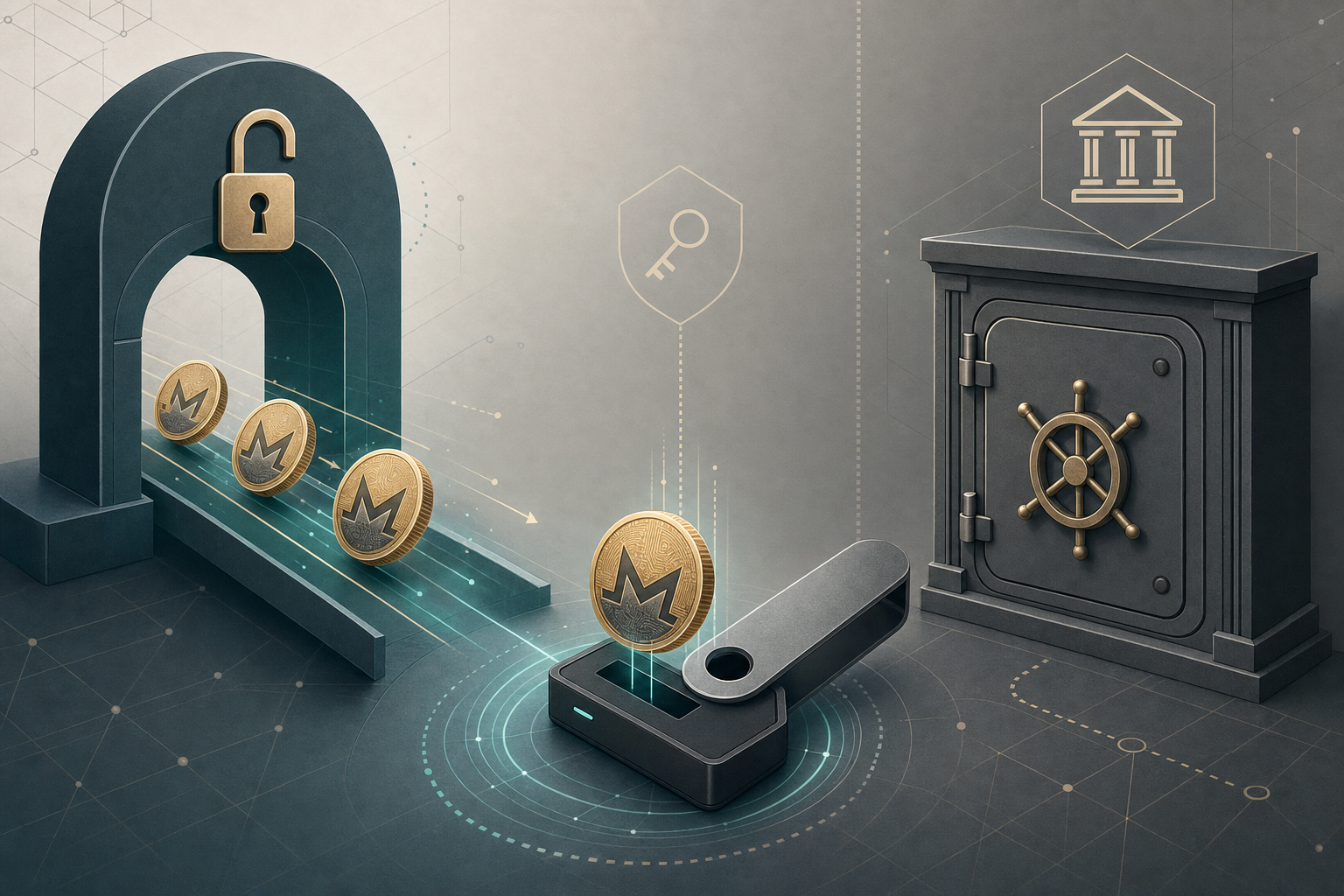 Monero token passing through a non-custodial channel into a self-custody wallet, contrasted with a custodial exchange vault