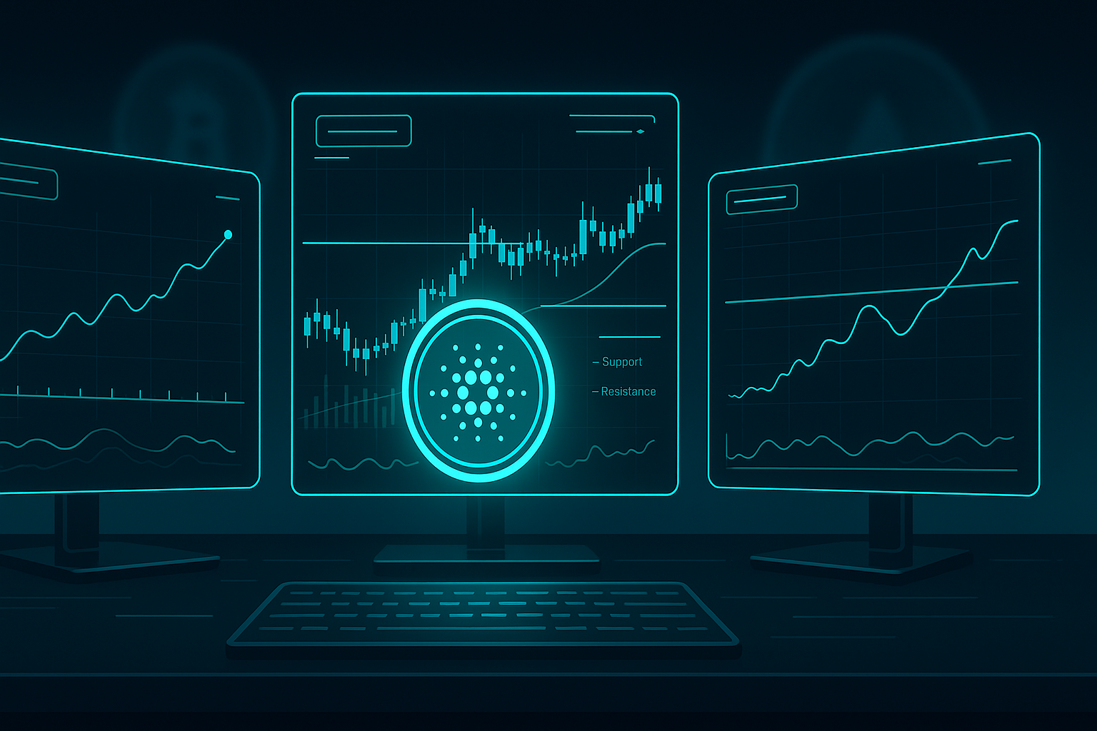 Futuristic trading desk with holographic charts around a central ADA coin