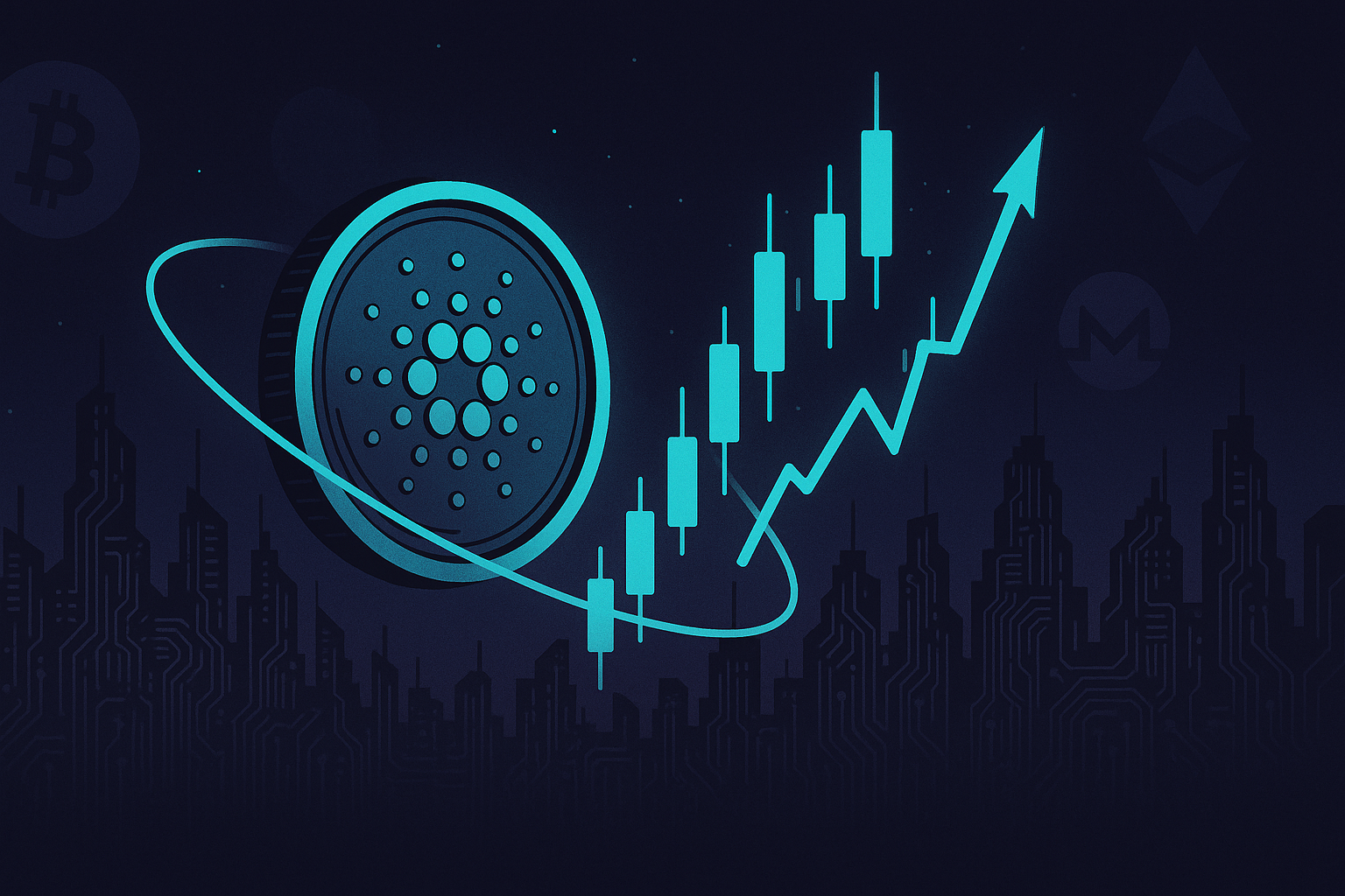 Cardano coin orbiting prediction charts and crypto skyline banner