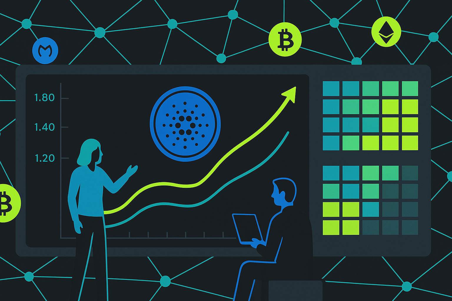 Crypto traders analyzing ADA price projections on a modern dashboard with blockchain network visuals