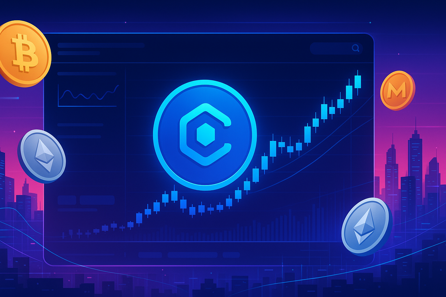 Futuristic CRO-style crypto trading dashboard with rising price chart and digital coins